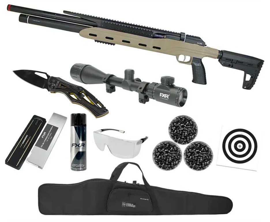 Carabina PCP Semi-Auto M50 Tempesta Desert 5,5mm QGK/SPA Artemis + Luneta 6-24x50 + Capa + Kit Limpeza + Canivete + Chumbos + Alvos + Desengripante / Anticorrosivo + Óculos de Segurança