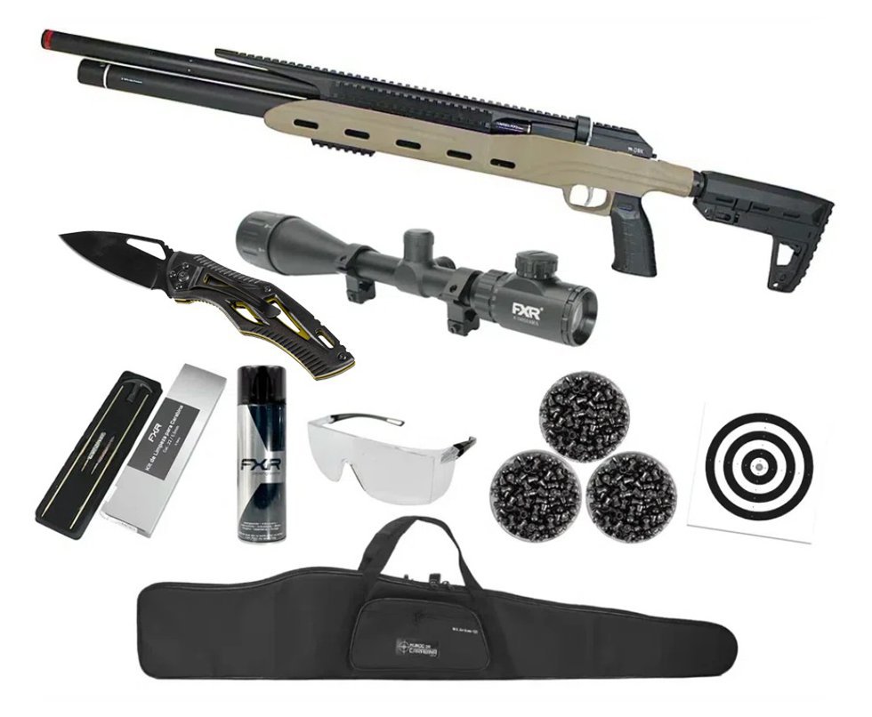 Carabina PCP Semi-Auto M50 Tempesta Desert 5,5mm QGK/SPA Artemis + Luneta 6-24x50 + Capa + Kit Limpeza + Canivete + Chumbos + Alvos + Desengripante / Anticorrosivo + Óculos de Segurança