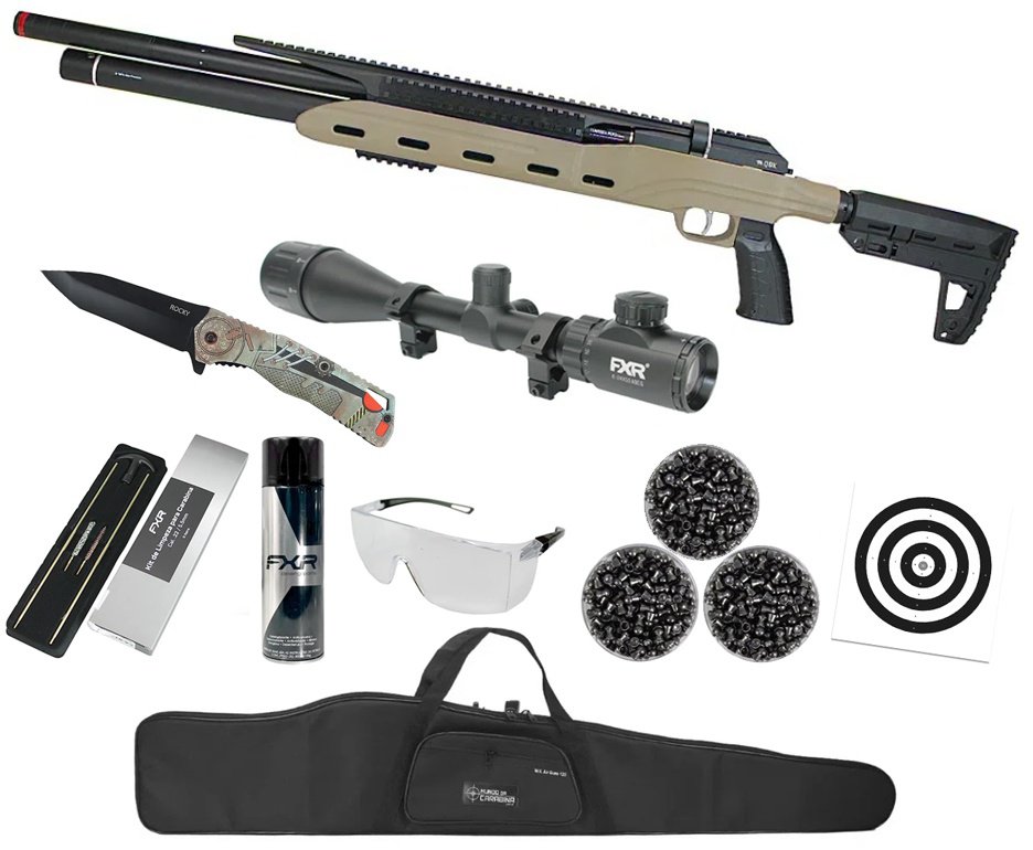 Carabina PCP Semi-Auto M50 Tempesta Desert 5,5mm QGK/SPA Artemis + Luneta 6-24x50 + Capa + Kit Limpeza + Canivete + Chumbos + Alvos + Desengripante / Anticorrosivo + Óculos de Segurança