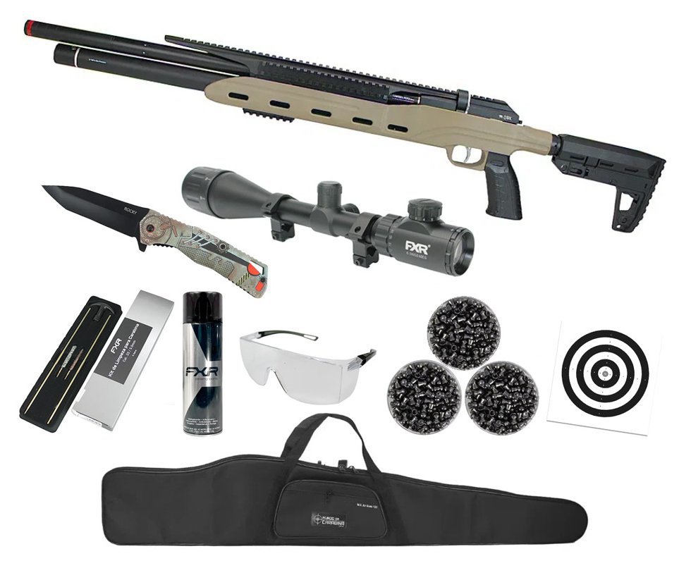 Carabina PCP Semi-Auto M50 Tempesta Desert 5,5mm QGK/SPA Artemis + Luneta 6-24x50 + Capa + Kit Limpeza + Canivete + Chumbos + Alvos + Desengripante / Anticorrosivo + Óculos de Segurança