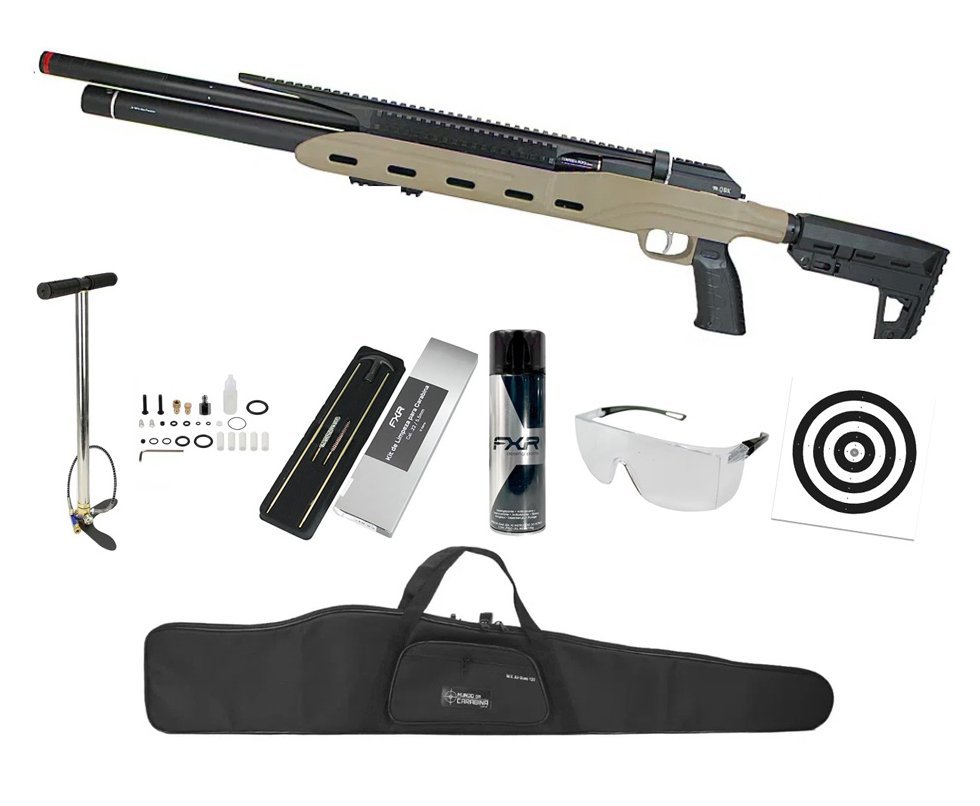 Carabina PCP Semi-Auto M50 Tempesta Desert 5,5mm QGK/SPA Artemis + Bomba + Capa + Kit Limpeza + Alvos + Desengripante / Anticorrosivo + Óculos de Segurança
