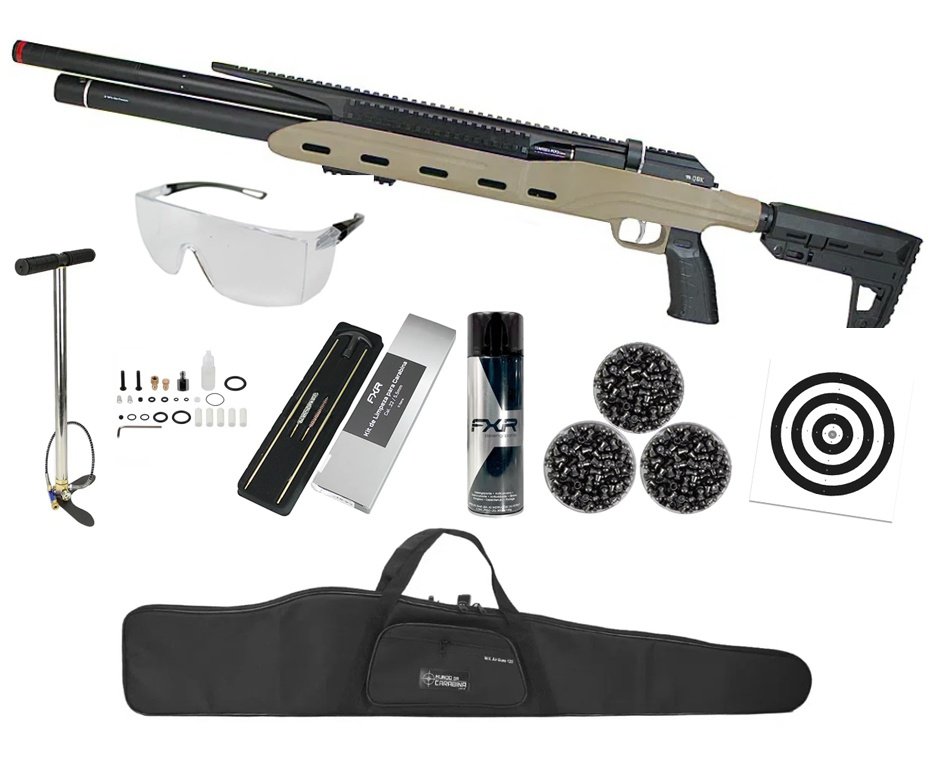 Carabina PCP Semi-Auto M50 Tempesta Desert 5,5mm QGK/SPA Artemis + Bomba + Capa + Kit Limpeza + Chumbo + Alvos + Desengripante / Anticorrosivo + Óculos de Segurança