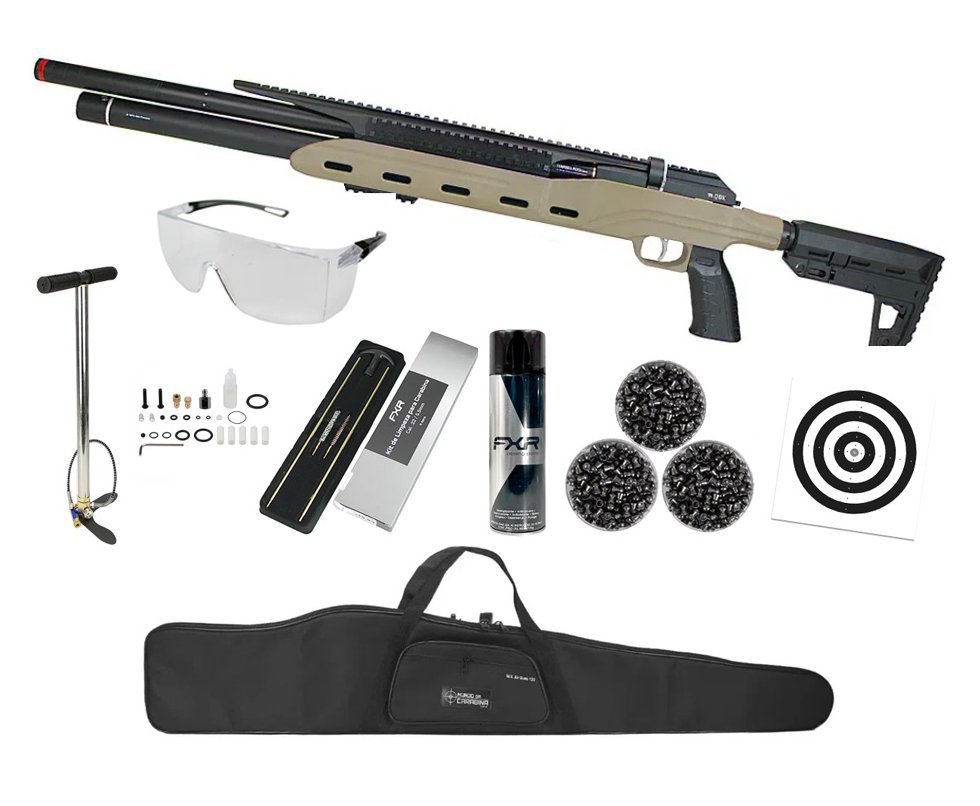 Carabina PCP Semi-Auto M50 Tempesta Desert 5,5mm QGK/SPA Artemis + Bomba + Capa + Kit Limpeza + Chumbo + Alvos + Desengripante / Anticorrosivo + Óculos de Segurança