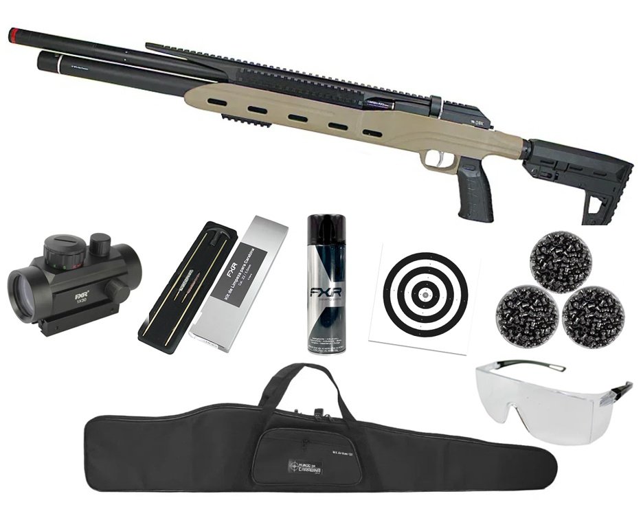 Carabina PCP Semi-Auto M50 Tempesta Desert 5,5mm QGK/SPA Artemis + Red Dot Tático + Capa + Kit Limpeza + Chumbos + Alvos + Desengripante / Anticorrosivo + Óculos de Segurança