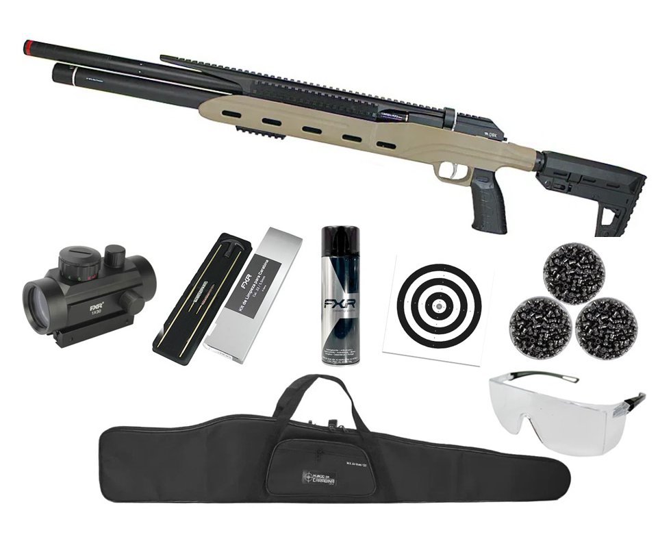 Carabina PCP Semi-Auto M50 Tempesta Desert 5,5mm QGK/SPA Artemis + Red Dot Tático + Capa + Kit Limpeza + Chumbos + Alvos + Desengripante / Anticorrosivo + Óculos de Segurança