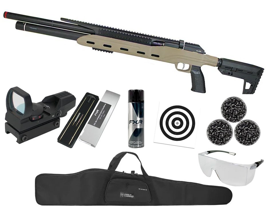 Carabina PCP Semi-Auto M50 Tempesta Desert 5,5mm QGK/SPA Artemis + Red Dot 1x22 + Capa + Kit Limpeza + Chumbos + Alvos + Desengripante / Anticorrosivo + Óculos de Segurança