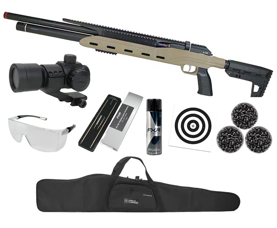 Carabina PCP Semi-Auto M50 Tempesta Desert 5,5mm QGK/SPA Artemis + Red Dot Tático 1x32 + Capa + Kit Limpeza + Chumbos + Alvos + Desengripante / Anticorrosivo + Óculos de Segurança
