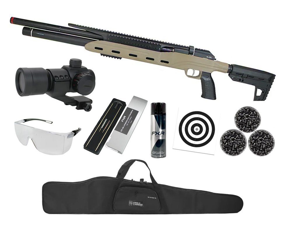 Carabina PCP Semi-Auto M50 Tempesta Desert 5,5mm QGK/SPA Artemis + Red Dot Tático 1x32 + Capa + Kit Limpeza + Chumbos + Alvos + Desengripante / Anticorrosivo + Óculos de Segurança