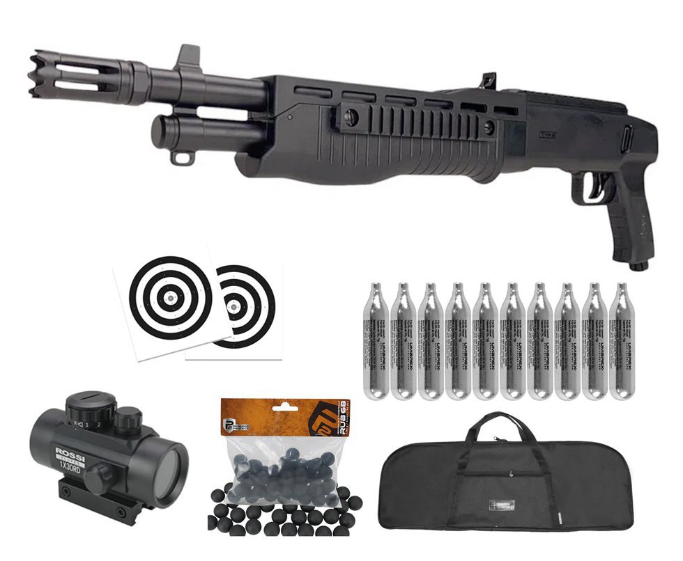 Shotgun Home Defense CO2 T4E TB .68 HDS 16J - Umarex + Esferas de Borracha + Co2 + Capa + Alvos + Red dot