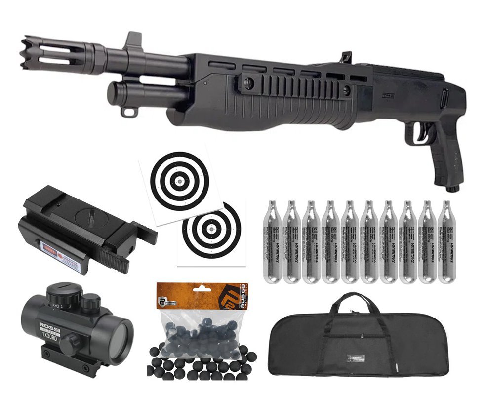 Shotgun Home Defense CO2 T4E TB .68 HDS 16J - Umarex + Esferas de Borracha + Co2 + Capa + Alvos + Red dot + Laser