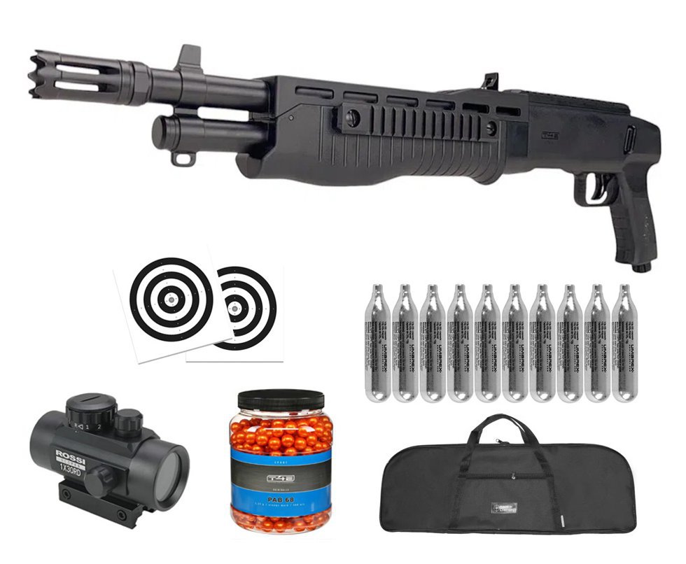 Shotgun Home Defense CO2 T4E TB .68 HDS 16J - Umarex + Esferas de Tinta + Co2 + Capa + Alvos + Red dot