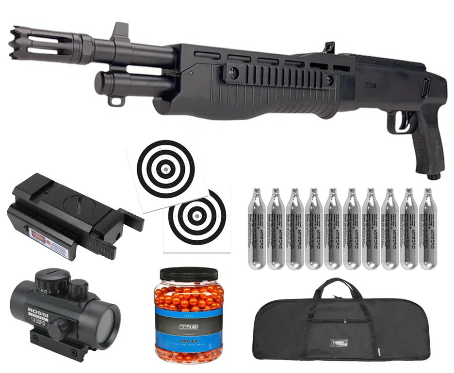 Shotgun Home Defense CO2 T4E TB .68 HDS 16J - Umarex + Esferas de Tinta + Co2 + Capa + Alvos + Red dot + Laser