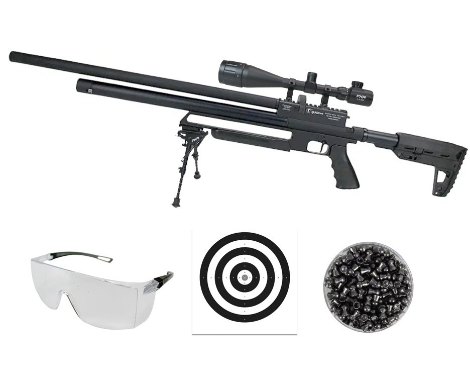 Carabina de Pressão PCP Tactical 12 Tiros 5.5mm 2024 - Quick Shot + Luneta 6-24x50 + Bipe Harris + Óculos + Chumbo + Alvos