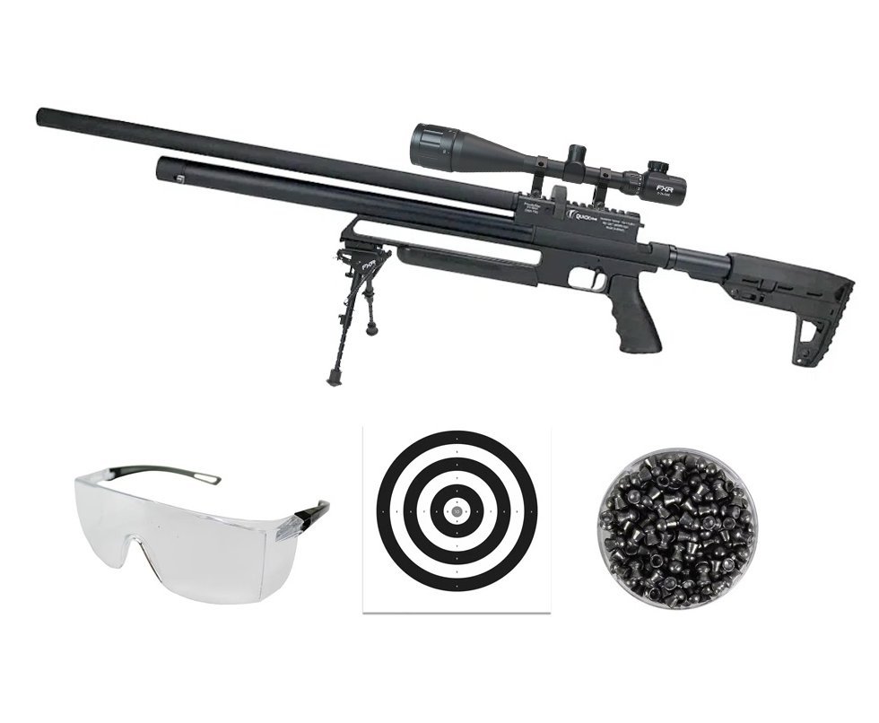 Carabina de Pressão PCP Tactical 12 Tiros 5.5mm 2024 - Quick Shot + Luneta 6-24x50 + Bipe Harris + Óculos + Chumbo + Alvos