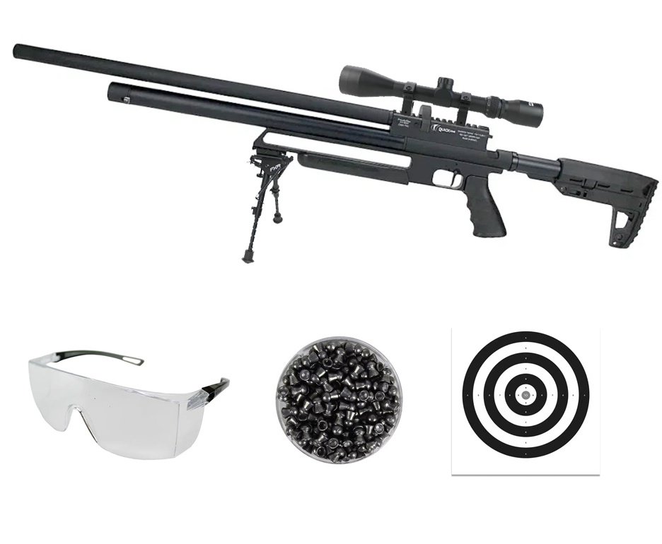 Carabina de Pressão PCP Tactical 12 Tiros 5.5mm 2024 - Quick Shot + Luneta 3-9x40 + Bipe Harris + Óculos + Chumbo + Alvos