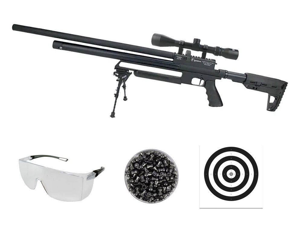 Carabina de Pressão PCP Tactical 12 Tiros 5.5mm 2024 - Quick Shot + Luneta 3-9x40 + Bipe Harris + Óculos + Chumbo + Alvos