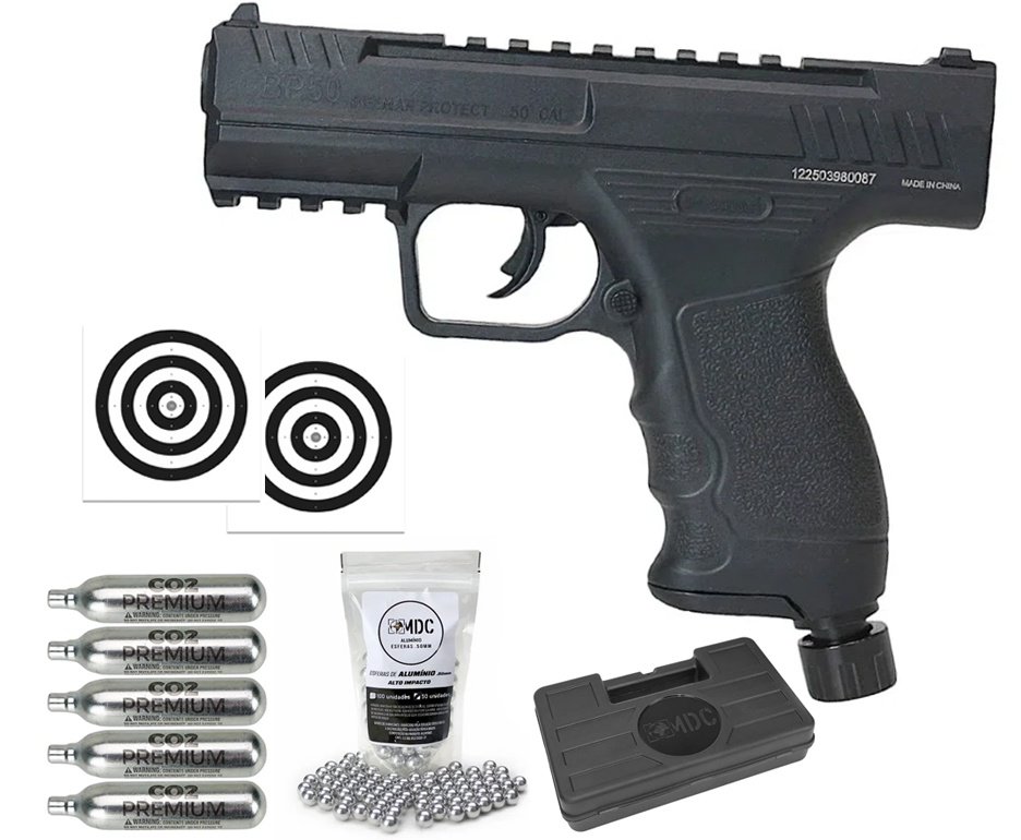 Pistola de Pressão CO2 Beeman BP50 .50 HDP LTL- Rossi + Co2 + Esfera de Alumínio + Case + Alvos