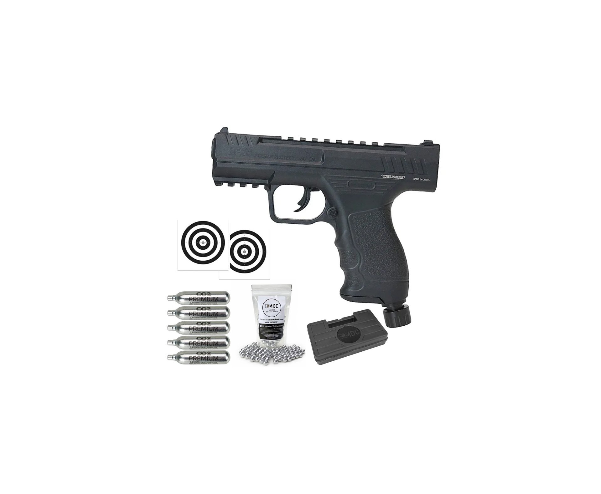 Pistola de Pressão CO2 Beeman BP50 .50 HDP LTL- Rossi + Co2 + Esfera de Alumínio + Case + Alvos