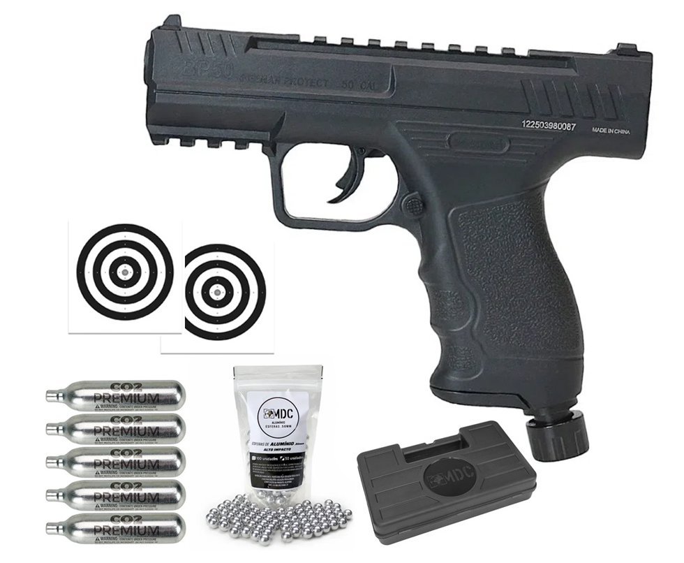 Pistola de Pressão CO2 Beeman BP50 .50 HDP LTL- Rossi + Co2 + Esfera de Alumínio + Case + Alvos