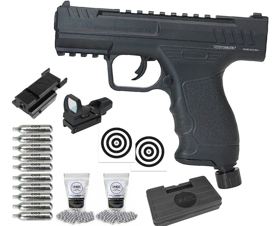 Pistola de Pressão CO2 Beeman BP50 .50 HDP LTL- Rossi + Co2 + Esfera de Alumínio + Case + Alvos + Red Dot + Laser
