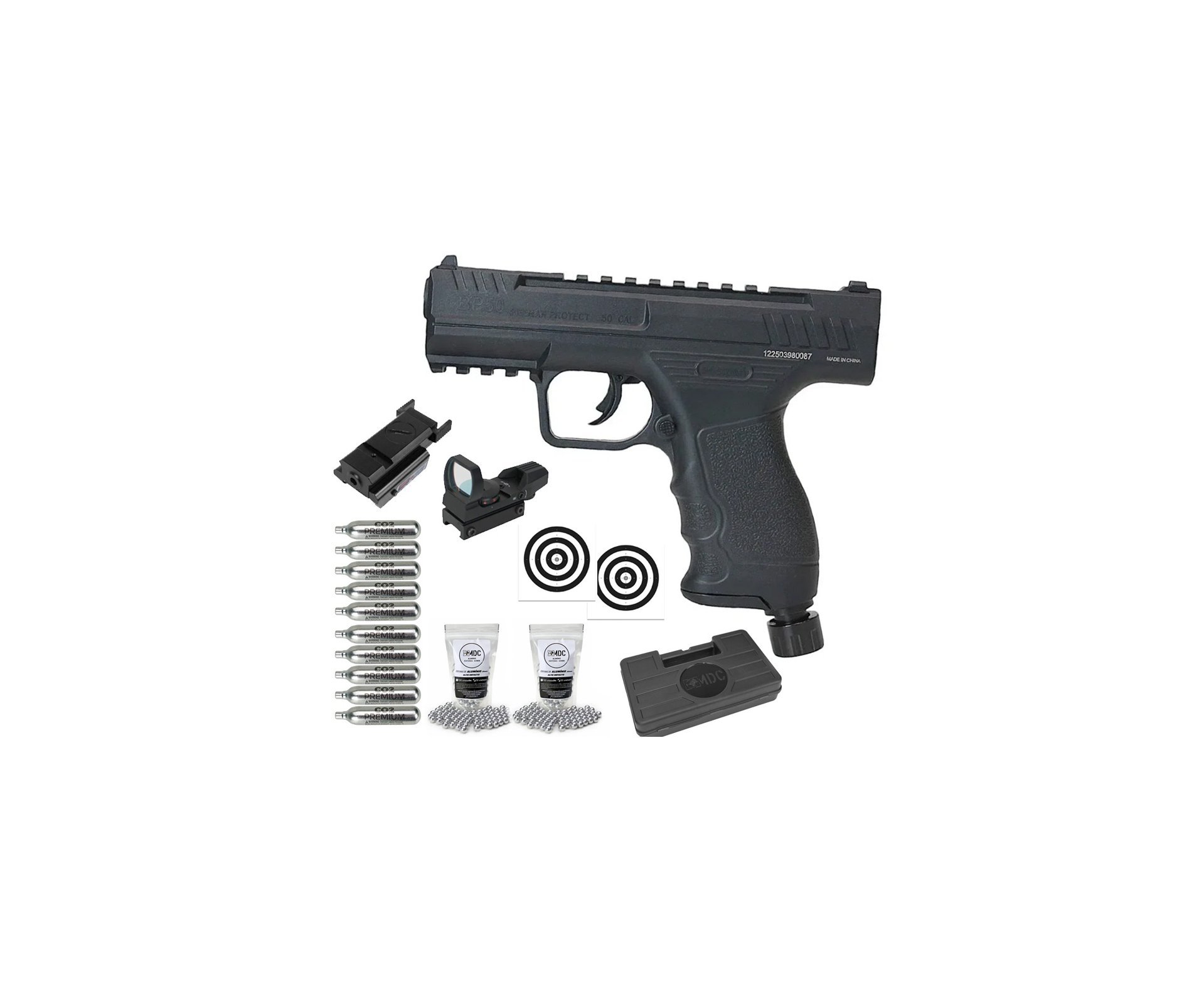 Pistola de Pressão CO2 Beeman BP50 .50 HDP LTL- Rossi + Co2 + Esfera de Alumínio + Case + Alvos + Red Dot + Laser