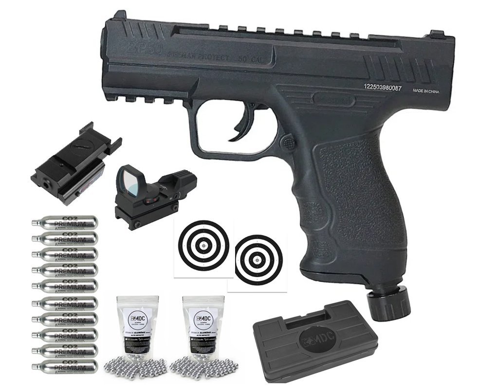 Pistola de Pressão CO2 Beeman BP50 .50 HDP LTL- Rossi + Co2 + Esfera de Alumínio + Case + Alvos + Red Dot + Laser