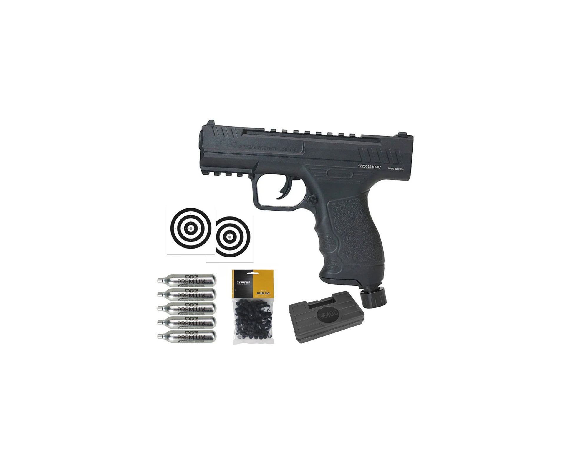 Pistola de Pressão CO2 Beeman BP50 .50 HDP LTL- Rossi + Co2 + Esfera de Borracha + Case + Alvos