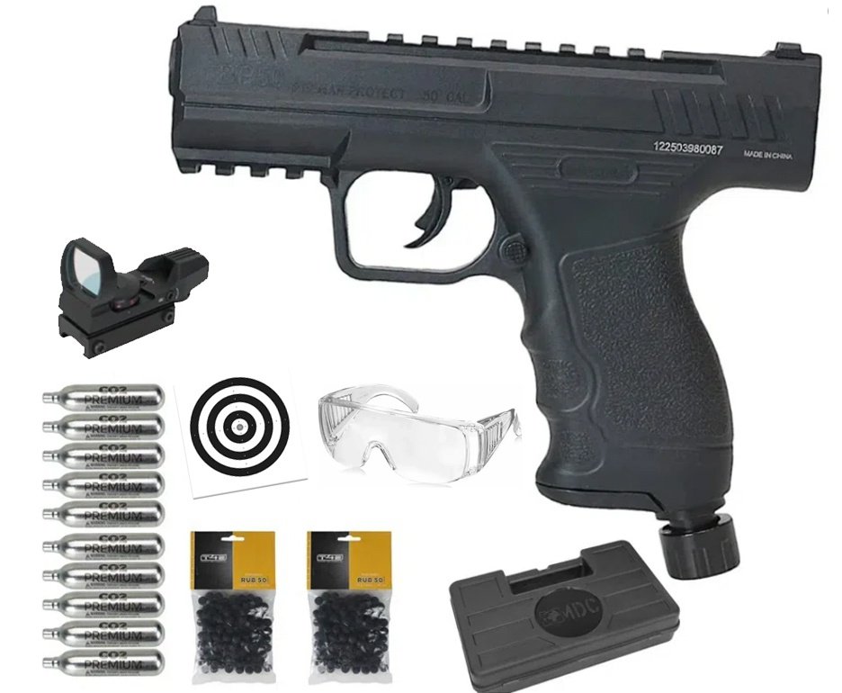 Pistola de Pressão CO2 Beeman BP50 .50 HDP LTL- Rossi + Co2 + Esfera de Borracha + Case + Alvos + Red Dot