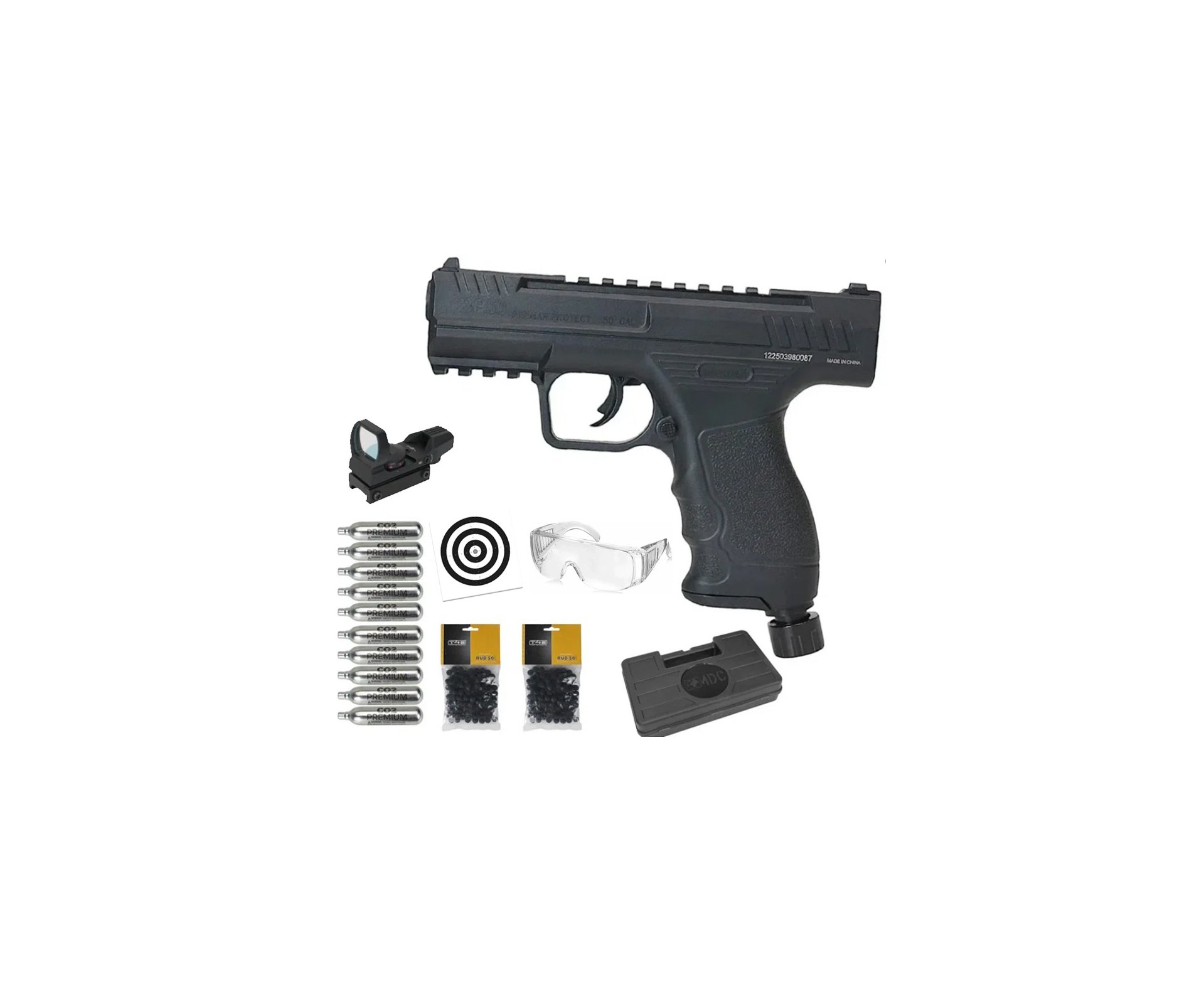 Pistola de Pressão CO2 Beeman BP50 .50 HDP LTL- Rossi + Co2 + Esfera de Borracha + Case + Alvos + Red Dot