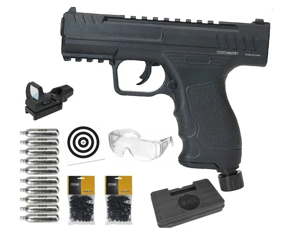 Pistola de Pressão CO2 Beeman BP50 .50 HDP LTL- Rossi + Co2 + Esfera de Borracha + Case + Alvos + Red Dot