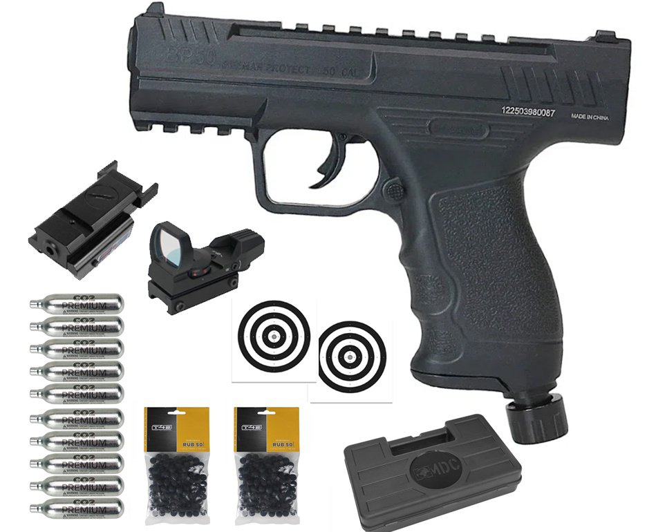 Pistola de Pressão CO2 Beeman BP50 .50 HDP LTL- Rossi + Co2 + Esfera de Borracha + Case + Alvos + Red Dot + Laser