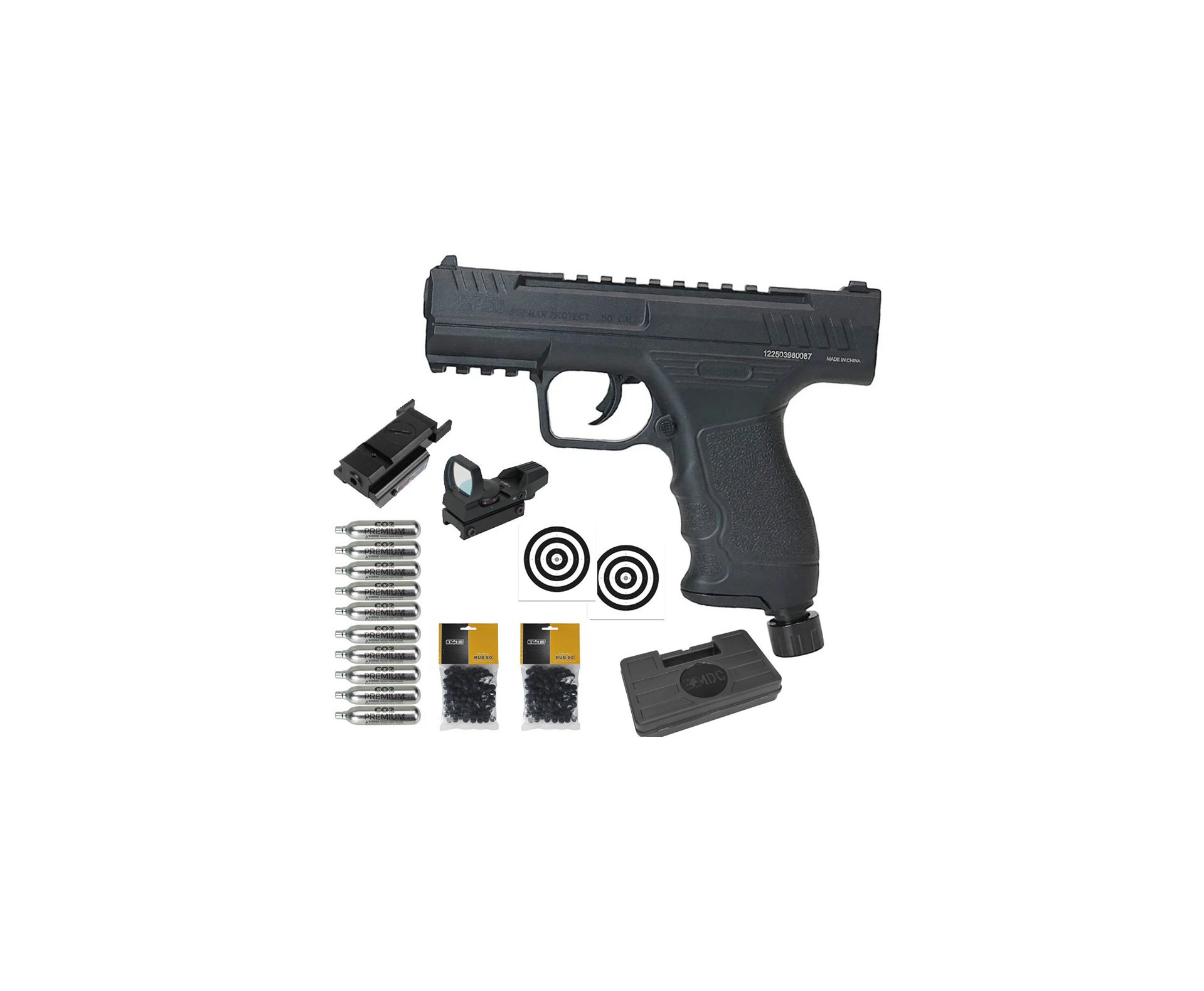 Pistola de Pressão CO2 Beeman BP50 .50 HDP LTL- Rossi + Co2 + Esfera de Borracha + Case + Alvos + Red Dot + Laser