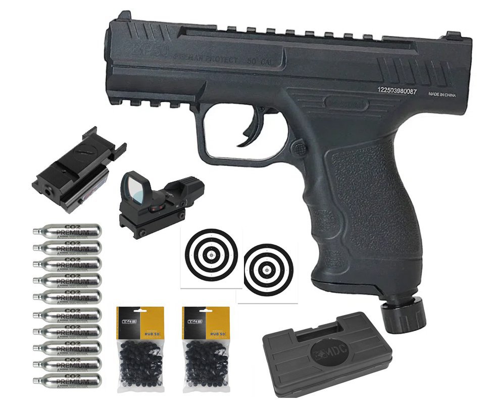 Pistola de Pressão CO2 Beeman BP50 .50 HDP LTL- Rossi + Co2 + Esfera de Borracha + Case + Alvos + Red Dot + Laser