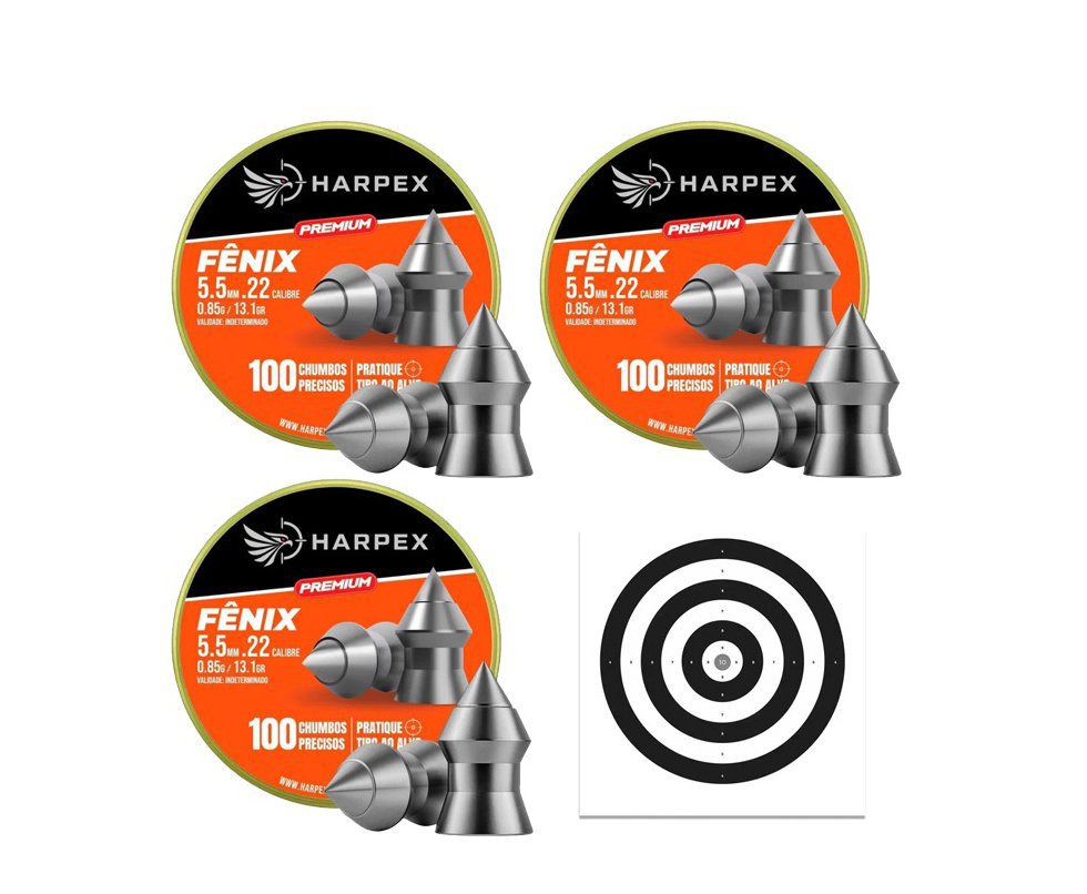 Kit 03 Cx Chumbinho Harpex Fenix Premium 5,5mm 100 pcs/pot + Alvos