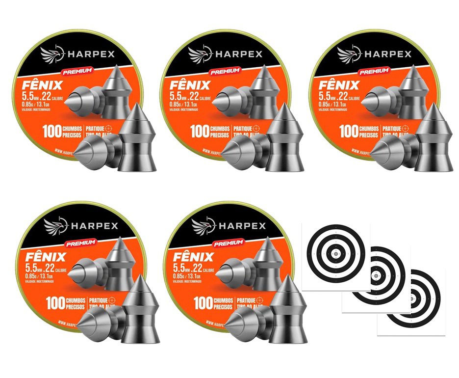 Kit 05 Cx Chumbinho Harpex Fenix Premium 5,5mm 100 pcs/pot + Alvos