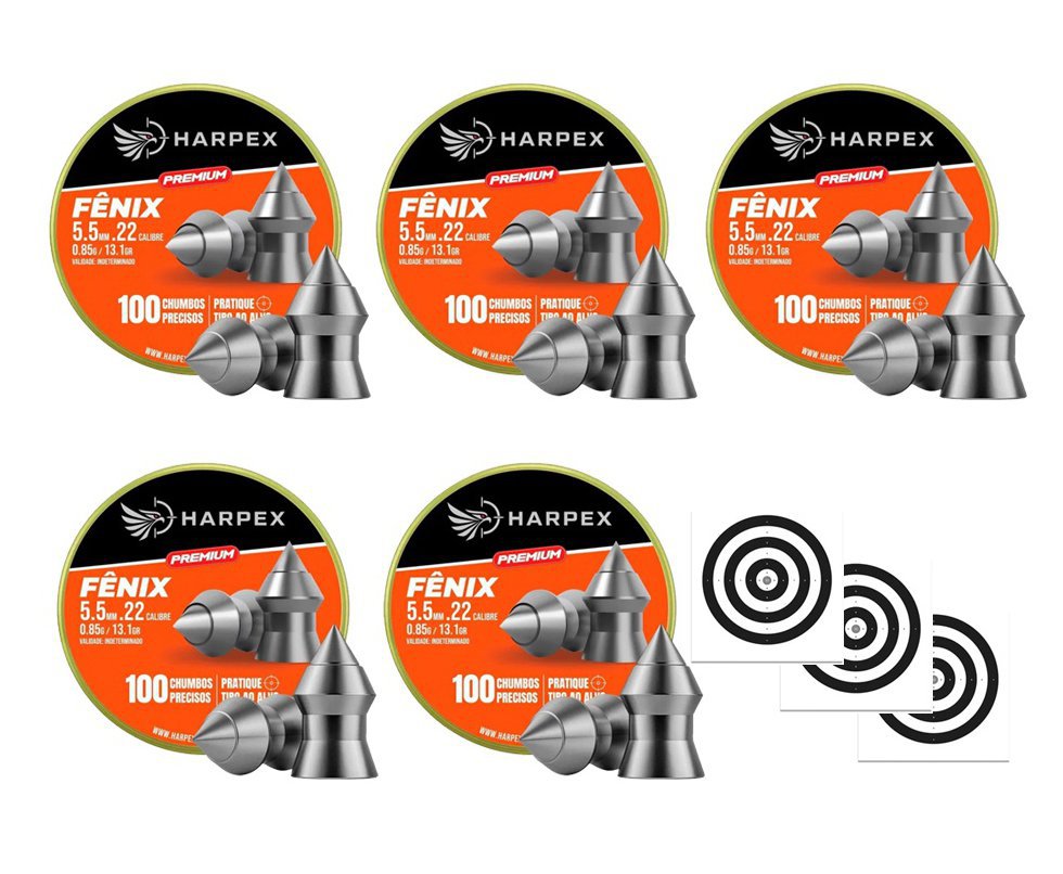 Kit 05 Cx Chumbinho Harpex Fenix Premium 5,5mm 100 pcs/pot + Alvos