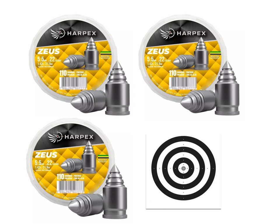 Kit 03 Cx Chumbinho Harpex Zeus 5,5mm 21,9g alta penetração e impacto + Alvos