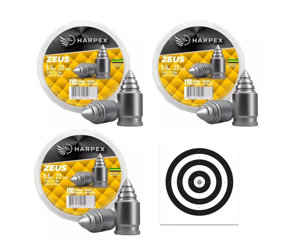Kit 03 Cx Chumbinho Harpex Zeus 5,5mm 21,9g alta penetração e impacto + Alvos