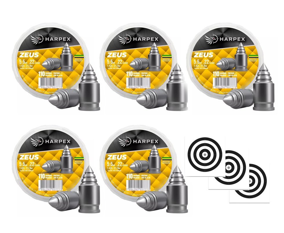 Kit 05 Cx Chumbinho Harpex Zeus 5,5mm 21,9g alta penetração e impacto + Alvos