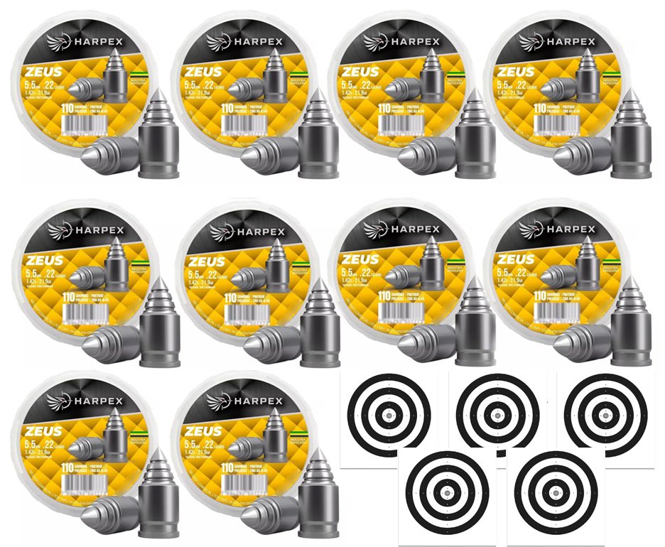 Kit 10 Cx Chumbinho Harpex Zeus 5,5mm 21,9g alta penetração e impacto + Alvos