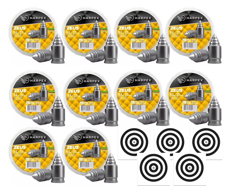 Kit 10 Cx Chumbinho Harpex Zeus 5,5mm 21,9g alta penetração e impacto + Alvos
