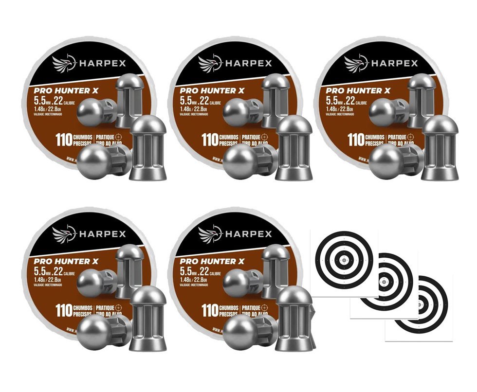 Kit 05 Cx Chumbinho Harpex Pro-Hunter X 5,5mm 110 pcs/pot + Alvos