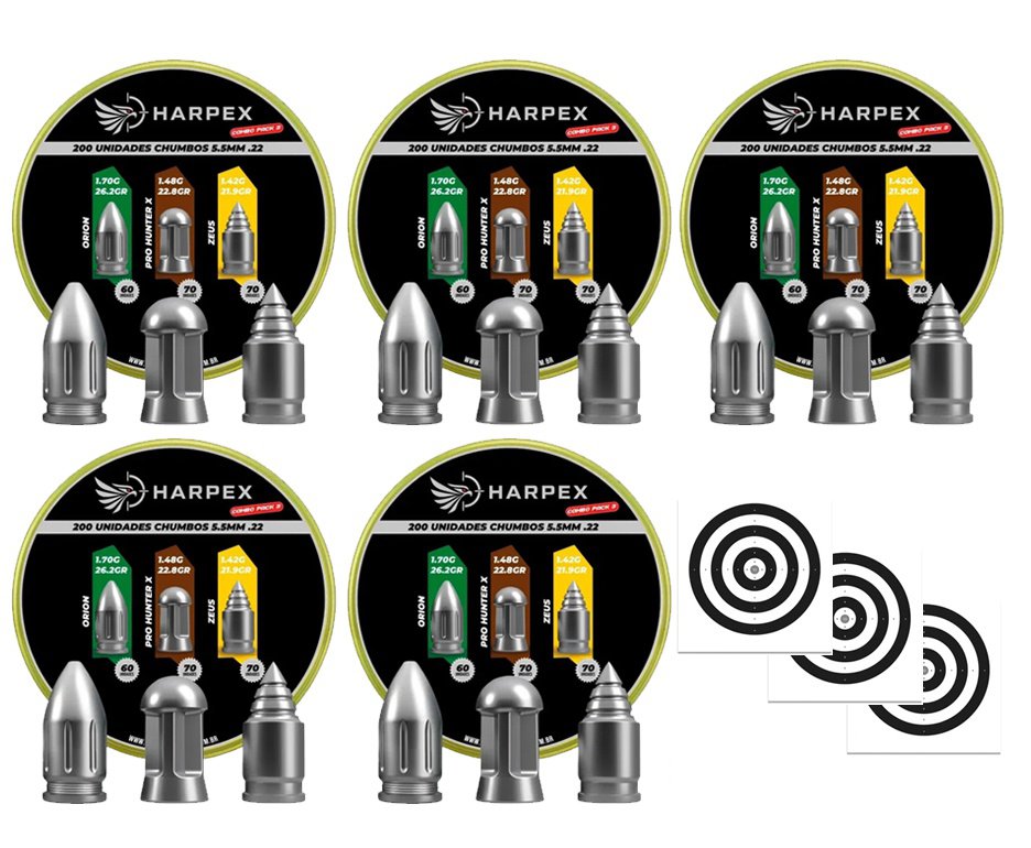 Kit 05 Cx MIX Chumbinho Harpex Orion, Pro Hunter X, Zeus 5,5mm 200 pcs/pot + Alvos