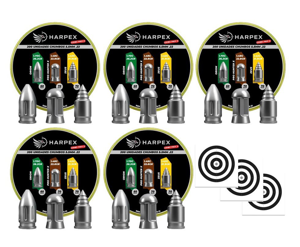 Kit 05 Cx MIX Chumbinho Harpex Orion, Pro Hunter X, Zeus 5,5mm 200 pcs/pot + Alvos