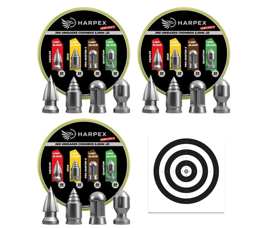 Kit 03 Cx MIX Chumbinho Harpex Aquiles, Zeus, Pro Hunter X, Quantum 5,5mm 200 pcs/pot + Alvos