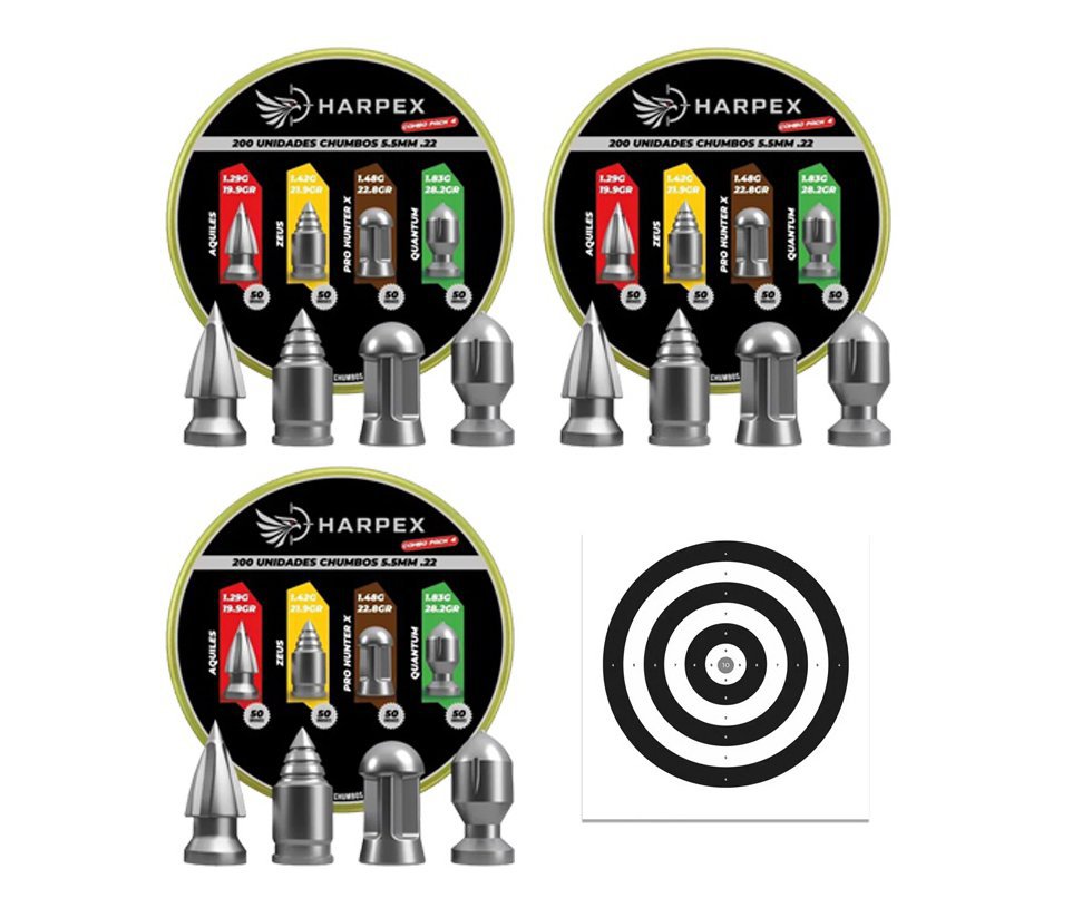 Kit 03 Cx MIX Chumbinho Harpex Aquiles, Zeus, Pro Hunter X, Quantum 5,5mm 200 pcs/pot + Alvos