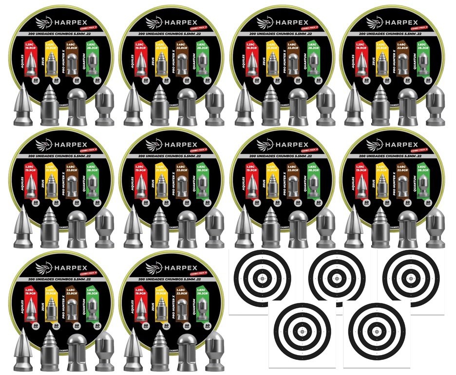Kit 10 Cx MIX Chumbinho Harpex Aquiles, Zeus, Pro Hunter X, Quantum 5,5mm 200 pcs/pot + Alvos