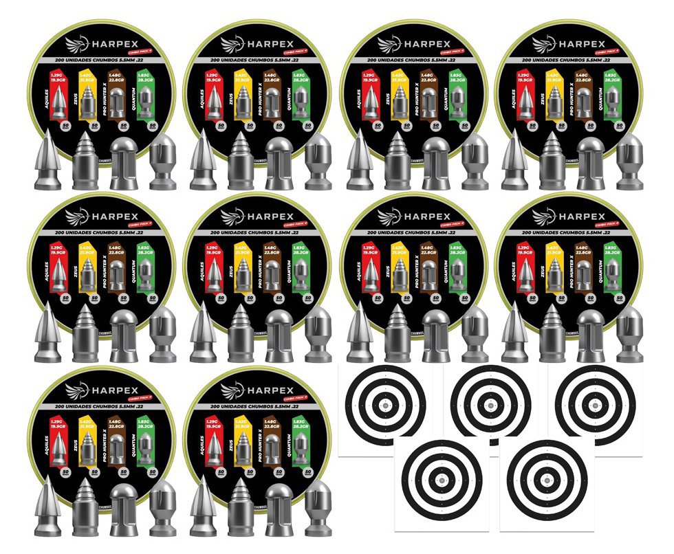 Kit 10 Cx MIX Chumbinho Harpex Aquiles, Zeus, Pro Hunter X, Quantum 5,5mm 200 pcs/pot + Alvos