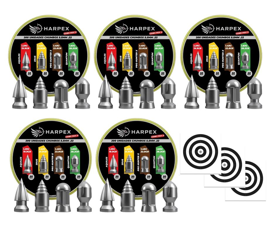 Kit 05 Cx MIX Chumbinho Harpex Aquiles, Zeus, Pro Hunter X, Quantum 5,5mm 200 pcs/pot + Alvos