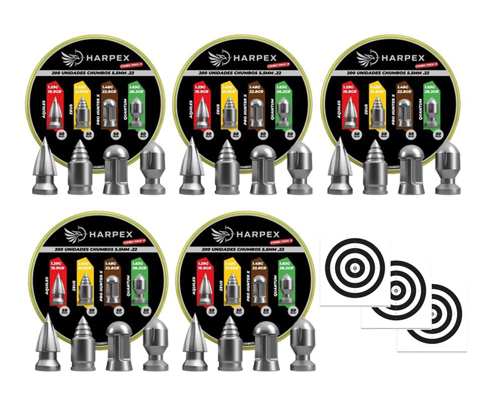 Kit 05 Cx MIX Chumbinho Harpex Aquiles, Zeus, Pro Hunter X, Quantum 5,5mm 200 pcs/pot + Alvos
